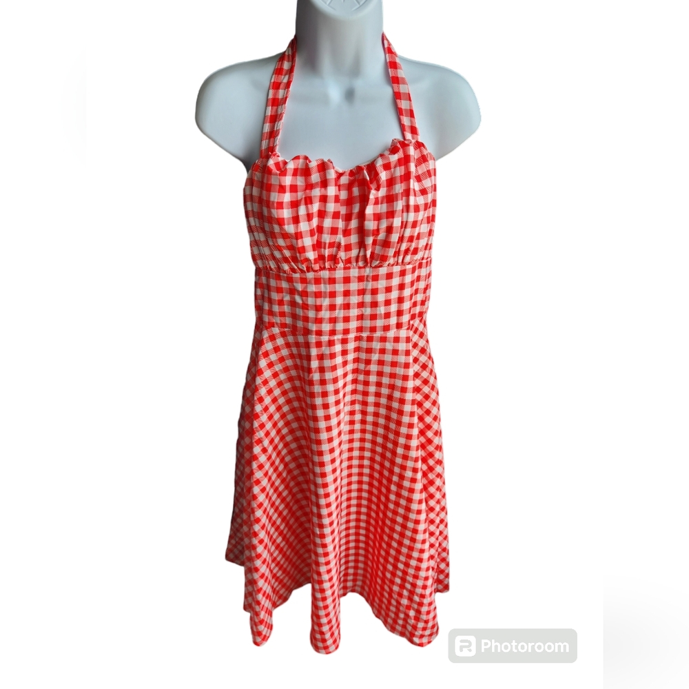 Stylish Red Gingham Halter Midi Dress